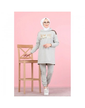 Survetement femme motif panthère Tunique à capuche et Pantalon imprimé "Jolie" (Hijab Sport) - Couleur gris clair 