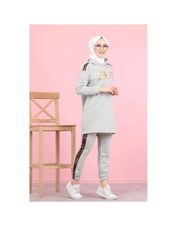 Survetement femme motif panthère Tunique à capuche et Pantalon imprimé "Jolie" (Hijab Sport) - Couleur gris clair 