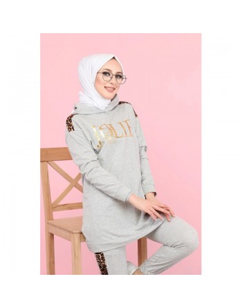 Survetement femme motif panthère Tunique à capuche et Pantalon imprimé "Jolie" (Hijab Sport) - Couleur gris clair 