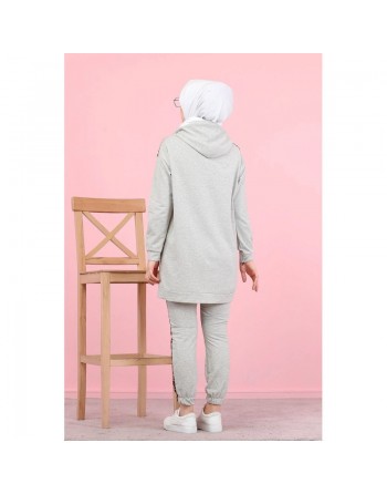Survetement femme motif panthère Tunique à capuche et Pantalon imprimé "Jolie" (Hijab Sport) - Couleur gris clair 