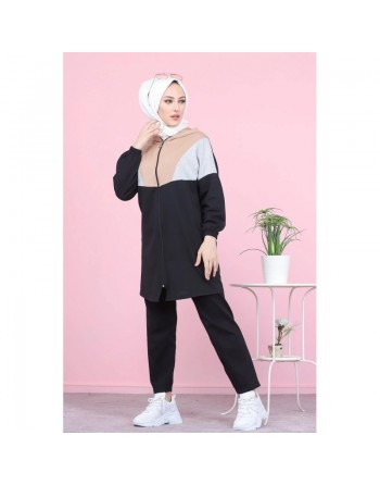 Ensemble décontracté tricolore à capuche pour femme musulmane (Survêtement Hijab Sport - Grande taille disponible) -... 