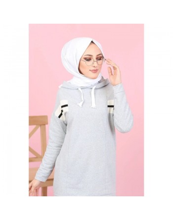 Ensemble survêtement 2 pièces (Sweatwear sport pour femme voilée) - Couleur blanc, noir et Gris clair 