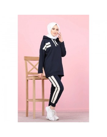 Ensemble survêtement 2 pièces (Vêtement Sweat-wear pour femme voilée) - Couleur blanc et Bleu marine 