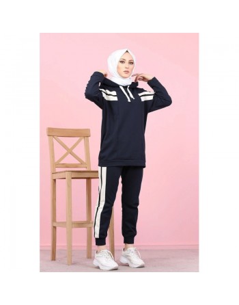 Ensemble survêtement 2 pièces (Vêtement Sweat-wear pour femme voilée) - Couleur blanc et Bleu marine 