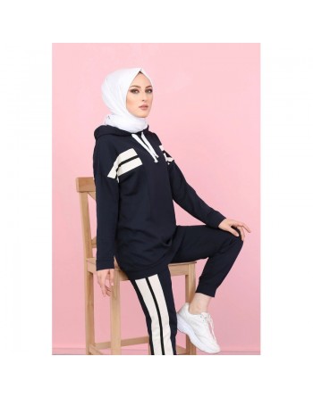 Ensemble survêtement 2 pièces (Vêtement Sweat-wear pour femme voilée) - Couleur blanc et Bleu marine 