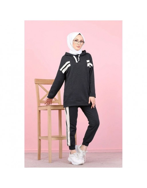 Ensemble survêtement 2 pièces (Sweat à capuche et Jogger) pour femme musulmane - Couleur blanc et Anthracite 