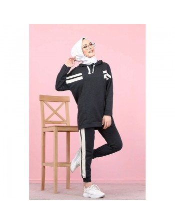 Ensemble survêtement 2 pièces (Sweat à capuche et Jogger) pour femme musulmane - Couleur blanc et Anthracite 