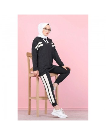 Ensemble survêtement 2 pièces (Sweat à capuche et Jogger) pour femme musulmane - Couleur blanc et Anthracite 
