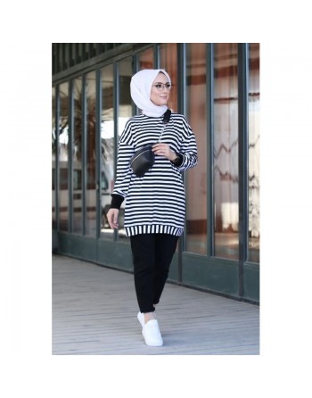 Pull - Tunique longue à rayures - Couleur noir et blanc 