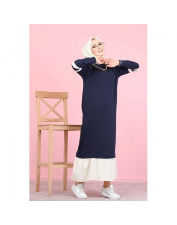 Robe longue moderne bi-couleur pour femme (Vetement musulman hijab pas cher et mastour) - Couleur bleue marine et blanc 