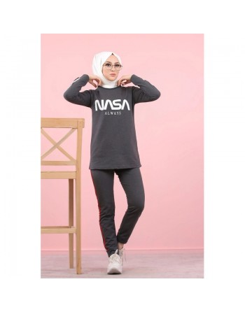 Ensemble survêtement -Tenue de sport femme - Sweat-shirts et pantalon jogging inscription "Nasa" - Couleur Gris anthracite 