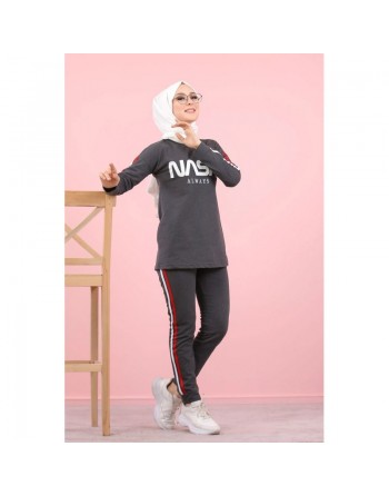 Ensemble survêtement -Tenue de sport femme - Sweat-shirts et pantalon jogging inscription "Nasa" - Couleur Gris anthracite 