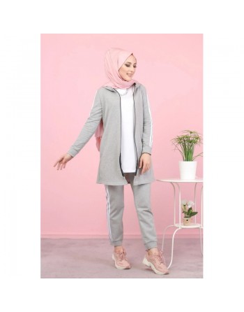 Ensemble Survêtement Veste et pantalon (Tenue de sport pour femme musulmane) - Couleur Gris clair 