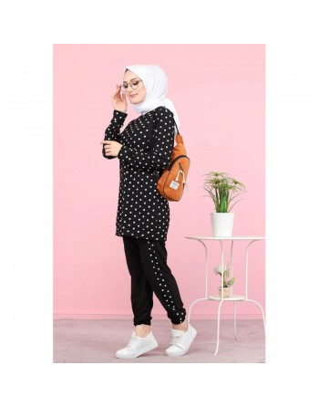 Ensemble deux pièces pour femme de couleur noir à pois (Tenue Hijab Modest Fashion) 