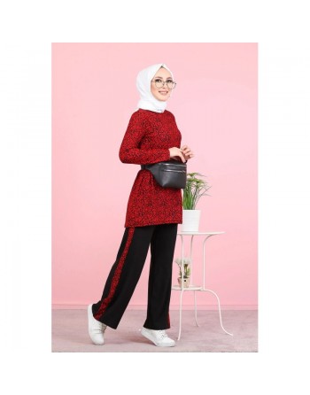 Ensemble 2 pièces décontracté tunique et pantalon (Ensemble femme voilée) - Couleur noir et rouge 