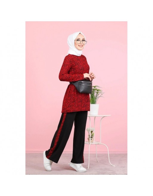 Ensemble 2 pièces décontracté tunique et pantalon (Ensemble femme voilée) - Couleur noir et rouge 