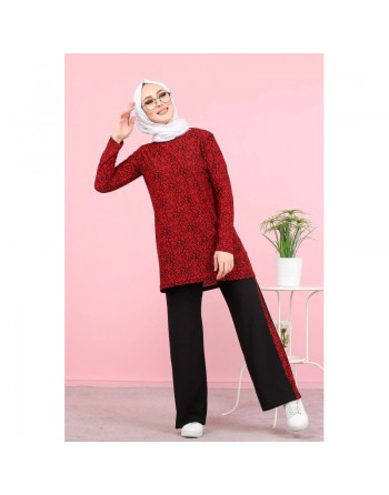 Ensemble 2 pièces décontracté tunique et pantalon (Ensemble femme voilée) - Couleur noir et rouge 