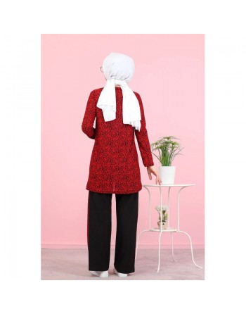 Ensemble 2 pièces décontracté tunique et pantalon (Ensemble femme voilée) - Couleur noir et rouge 