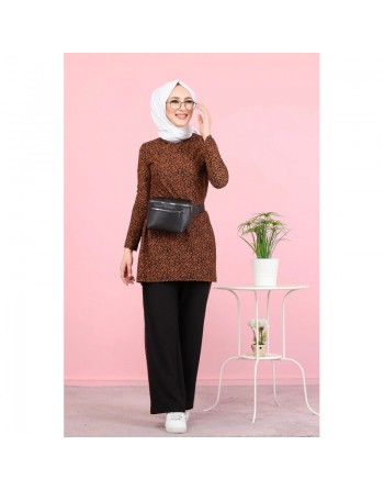 Ensemble 2 pièces décontracté tunique et pantalon (Ensemble hijab turque) - Couleur noir et ecureuil 