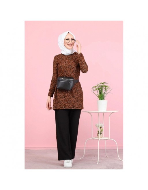 Ensemble 2 pièces décontracté tunique et pantalon (Ensemble hijab turque) - Couleur noir et ecureuil 