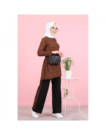 Ensemble 2 pièces décontracté tunique et pantalon (Ensemble hijab turque) - Couleur noir et ecureuil 