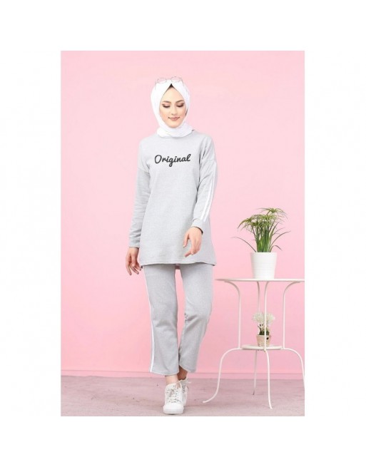 Survêtement "original" 2 pièces (Sweat-shirt et pantalon assorti) pour femme voilée - Couleur gris clair 