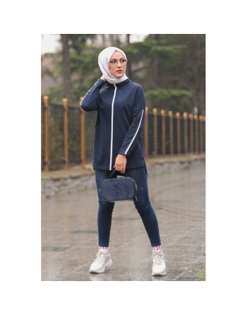 Haut Sportswear pour femme - Tunique Sport à bandes - Couleur bleu marine 