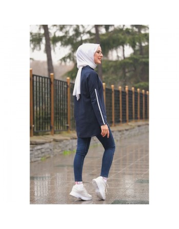 Haut Sportswear pour femme - Tunique Sport à bandes - Couleur bleu marine 