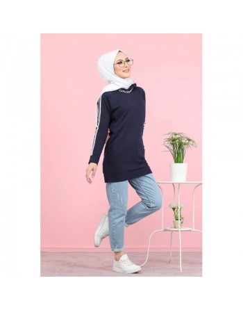 Tunique décontractée Sweat à capuche (Sweat-shirt femme voilée) - Couleur Bleue marine 