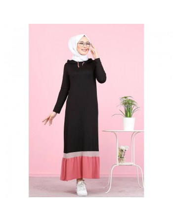 Robe longue avec capuche style Urban moderne (Vetement pour femme voilée) - Couleur noir et rose 