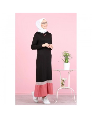 Robe longue avec capuche style Urban moderne (Vetement pour femme voilée) - Couleur noir et rose 