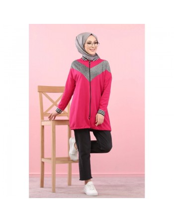 Veste argentée pour femme - Tunique zippée style sportswear (Mode Musulmane) - Couleur fuchsia 
