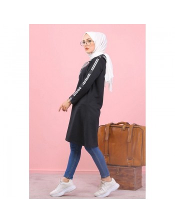 Sweat long avec capuche style moderne décontracté et sport (Vetement femme voilée) - Couleur Noir 