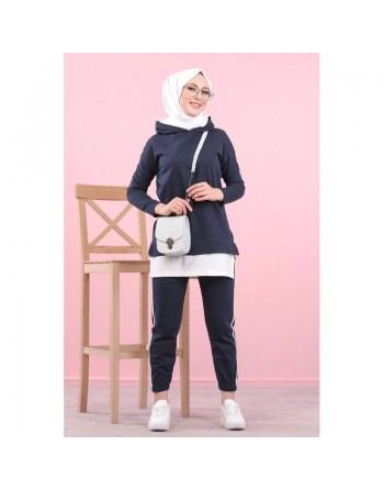 Ensemble décontracté et Survêtement de sport 2 pièces pour femme (Mode Musulmane) - Couleur Bleu marine et blanc 