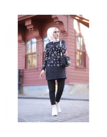 Tunique imprimée avec motifs étoiles (Star Modest Fashion- Mode Musulmane pour femme voilée) - Couleur noir 