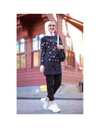Tunique imprimée avec motifs étoiles (Star Modest Fashion- Mode Musulmane pour femme voilée) - Couleur noir 