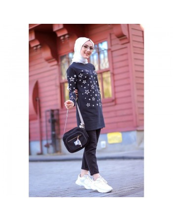 Tunique imprimée avec motifs étoiles (Star Modest Fashion- Mode Musulmane pour femme voilée) - Couleur noir 