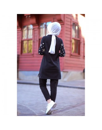 Tunique imprimée avec motifs étoiles (Star Modest Fashion- Mode Musulmane pour femme voilée) - Couleur noir 