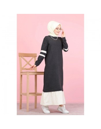 Robe longue moderne bi-couleur (Vetement hijab pas cher de Turquie pour femme voilée) - Couleur gris anthracite et blanc 