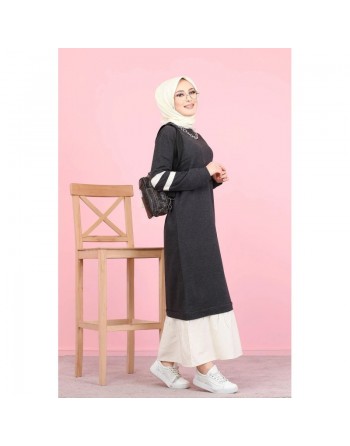 Robe longue moderne bi-couleur (Vetement hijab pas cher de Turquie pour femme voilée) - Couleur gris anthracite et blanc 