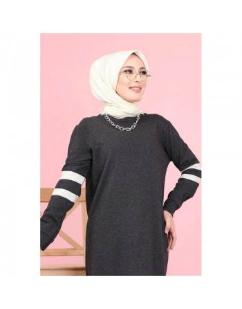 Robe longue moderne bi-couleur (Vetement hijab pas cher de Turquie pour femme voilée) - Couleur gris anthracite et blanc 