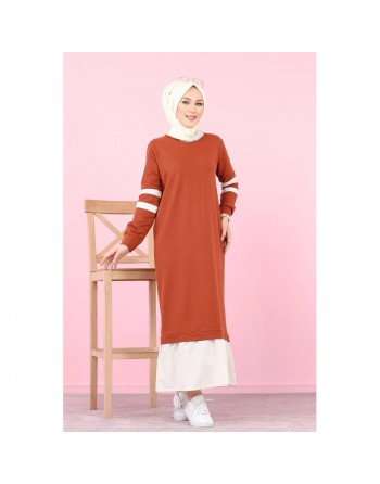 Robe longue style décontracté moderne bi-couleur (Vetement pas cher pour femme voilée) - Couleur brique et blanc 