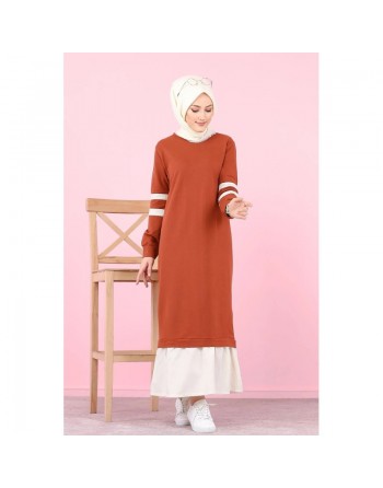 Robe longue style décontracté moderne bi-couleur (Vetement pas cher pour femme voilée) - Couleur brique et blanc 
