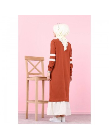 Robe longue style décontracté moderne bi-couleur (Vetement pas cher pour femme voilée) - Couleur brique et blanc 
