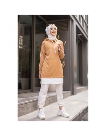 Tunique bicolore pour femme musulmane (Tenue hijab sport Turquie) - Couleur blanc et beige 
