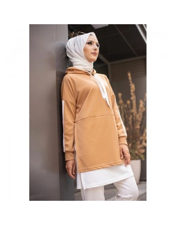 Tunique bicolore pour femme musulmane (Tenue hijab sport Turquie) - Couleur blanc et beige 