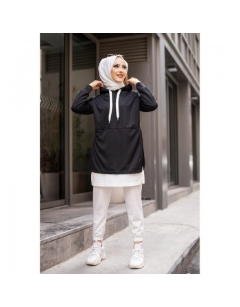 Tunique sportive bicolore pour femme musulmane (Vetement hijab moderne pas cher) - Couleur blanc et noir 