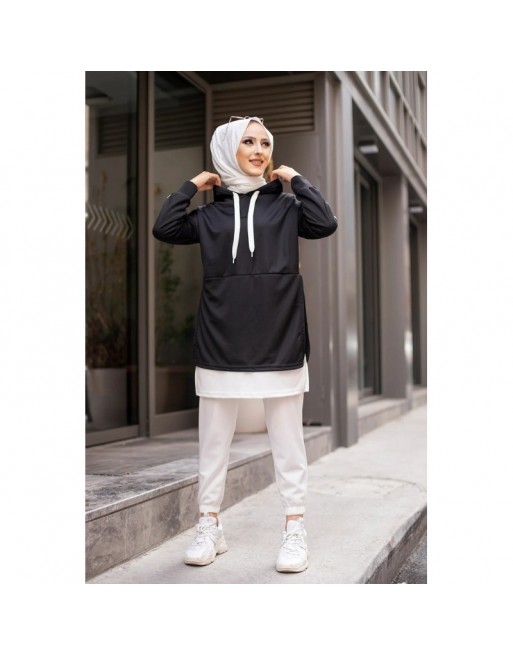 Tunique sportive bicolore pour femme musulmane (Vetement hijab moderne pas cher) - Couleur blanc et noir Tunique sportive bicolore pour femme musulmane (Vetement hijab moderne pas cher) - Couleur blanc et noir