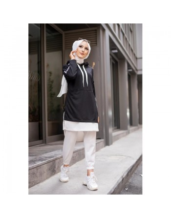 Tunique sportive bicolore pour femme musulmane (Vetement hijab moderne pas cher) - Couleur blanc et noir 