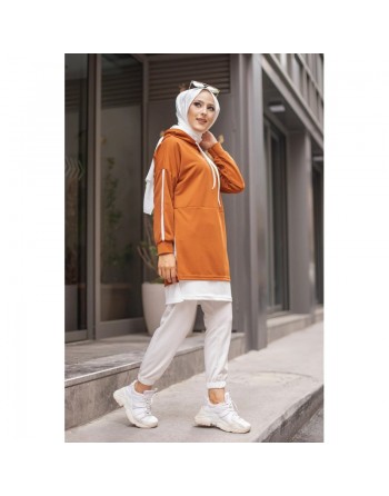 Sweat-Tunique sport bi-colore pour femme voilée - Couleur blanc et rouille 